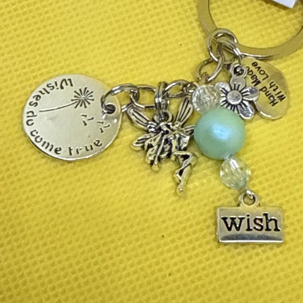 Handmade Fairy Wish Flower Beaded Charm Key Chain Silver Aqua for Women